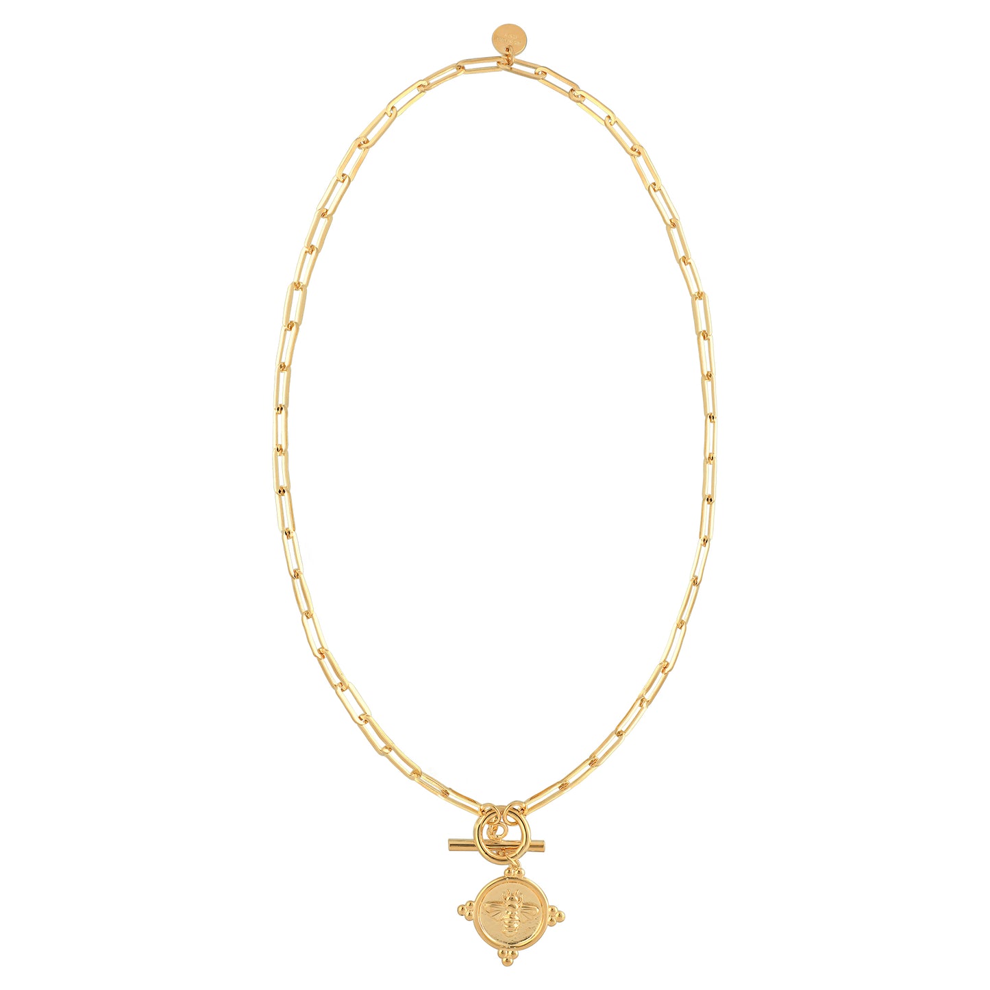 Elegant gold necklace with a delicate link chain and a central charm resembling a coin or medallion, secured with a toggle clasp, offering a modern and sophisticated look.