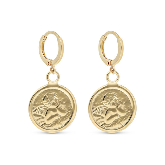 A pair of gold-tone hoop earrings featuring a charming design. Each earring showcases a circular charm that depicts an angelic figure, intricately embossed for added texture and detail. The charms hang from a secure hoop closure, combining elegance with a playful touch.