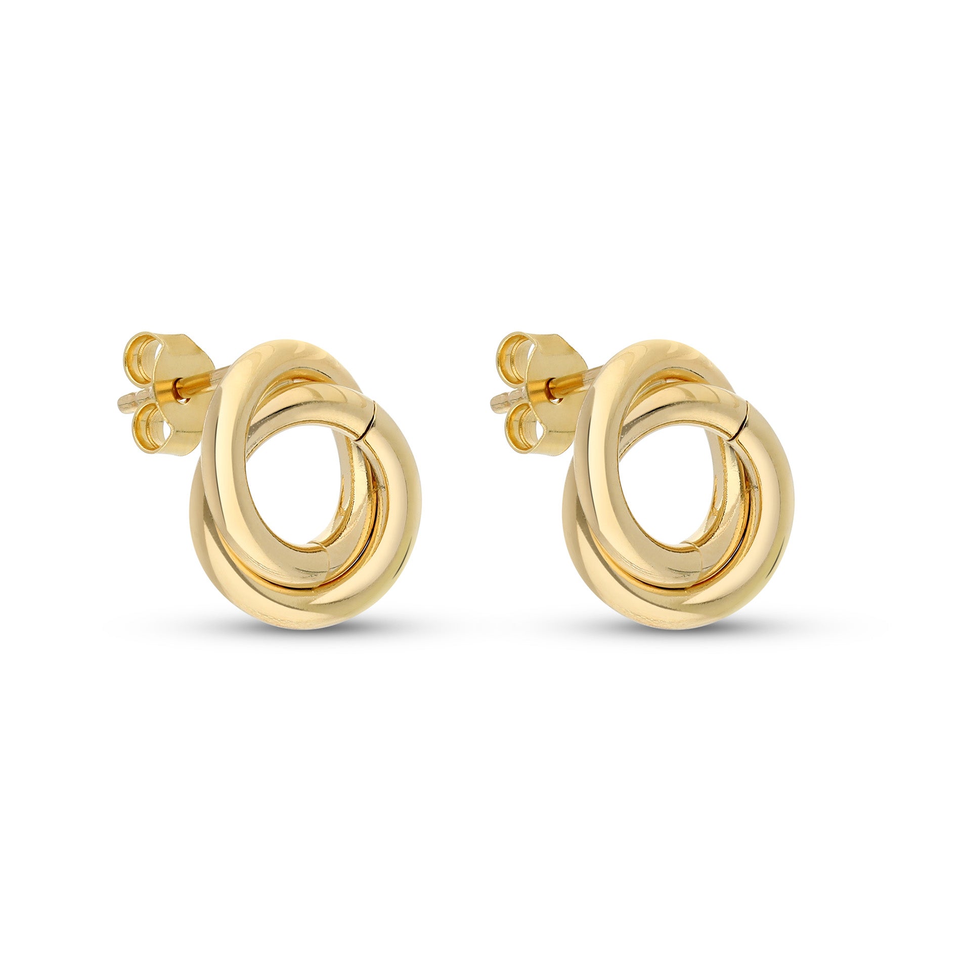 A pair of modern stud earrings featuring intertwined loops crafted from polished gold-tone metal. The design showcases a stylish knot-like structure, creating a chic and elegant look.