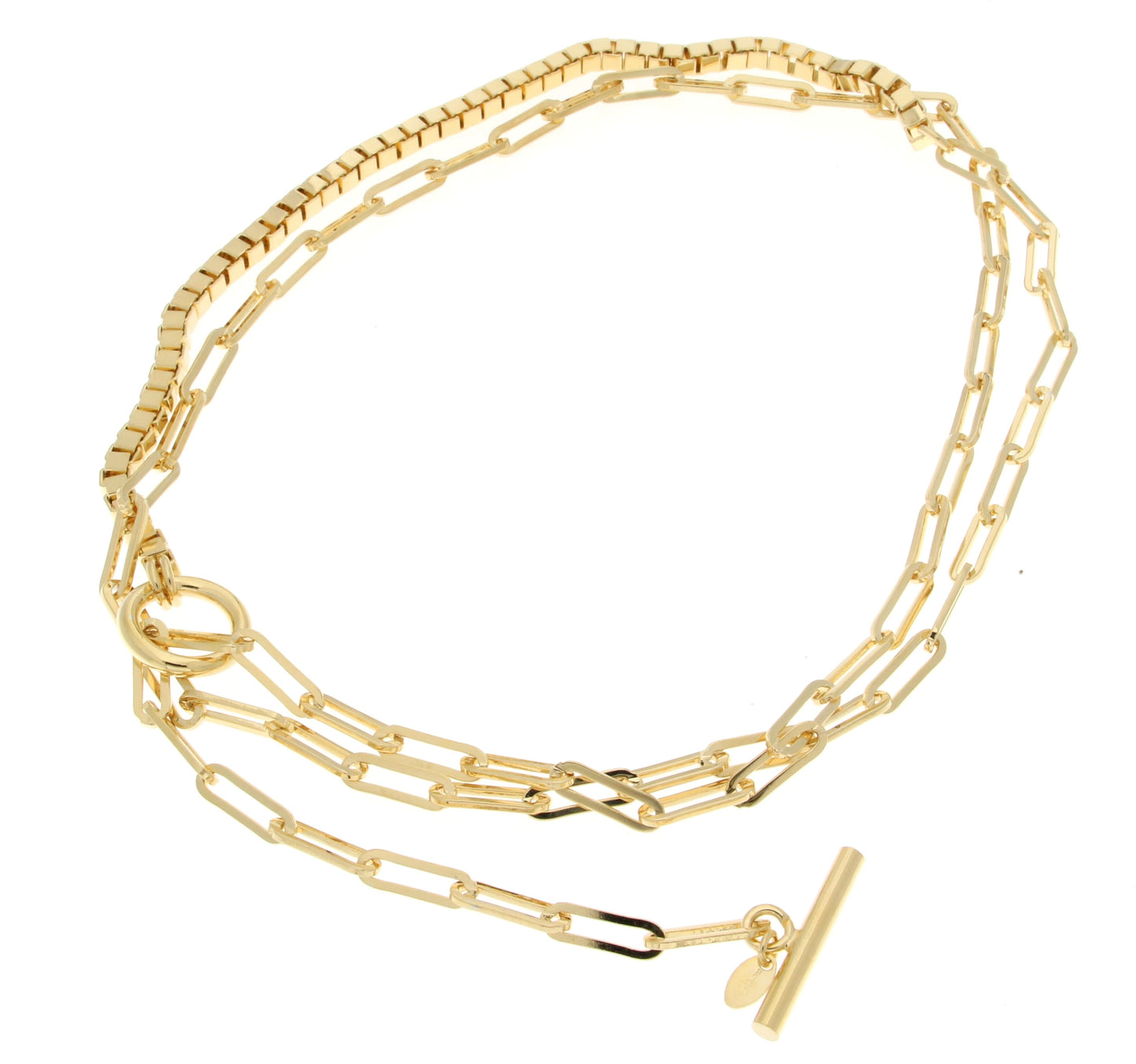 Gold layered necklace featuring flat square links and elongated oval links, secured with a stylish toggle clasp.