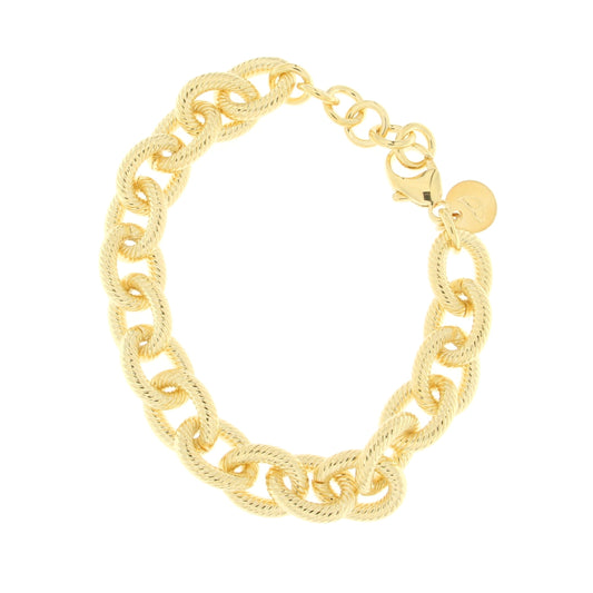 Gold chain bracelet featuring twisted rope-like links, secured with a lobster clasp and a small charm for added detail.