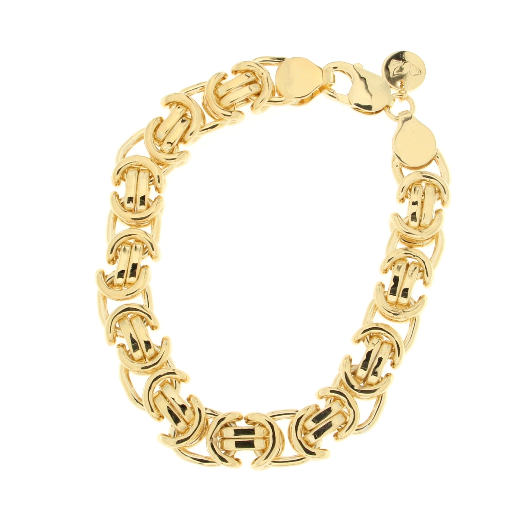 Gold link bracelet featuring an intricate design of interlocking loops, finished with a secure lobster clasp and a small charm.