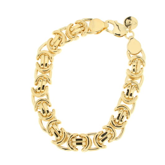 Gold link bracelet featuring an intricate design of interlocking loops, finished with a secure lobster clasp and a small charm.