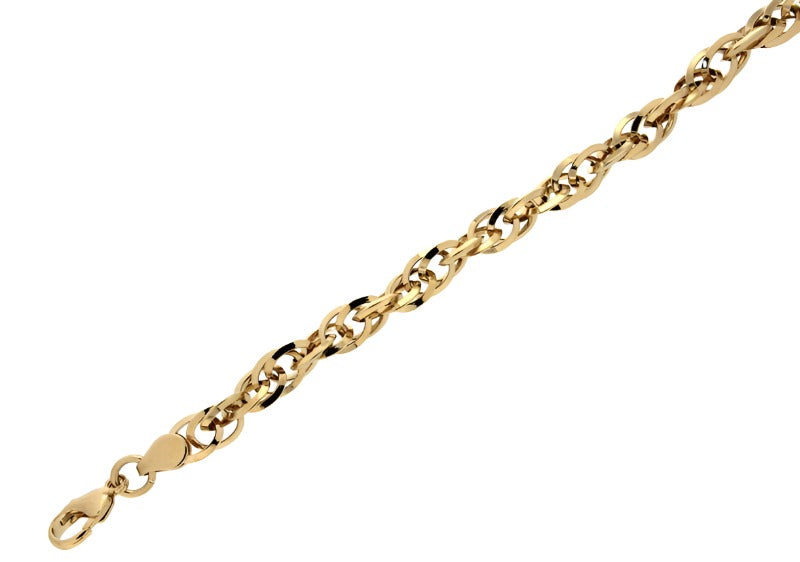 A stylish gold-tone bracelet featuring interlocking links with a polished finish. The bracelet has a secure lobster clasp and a heart-shaped charm, showcasing a blend of elegance and modern design, perfect for everyday wear or special occasions.