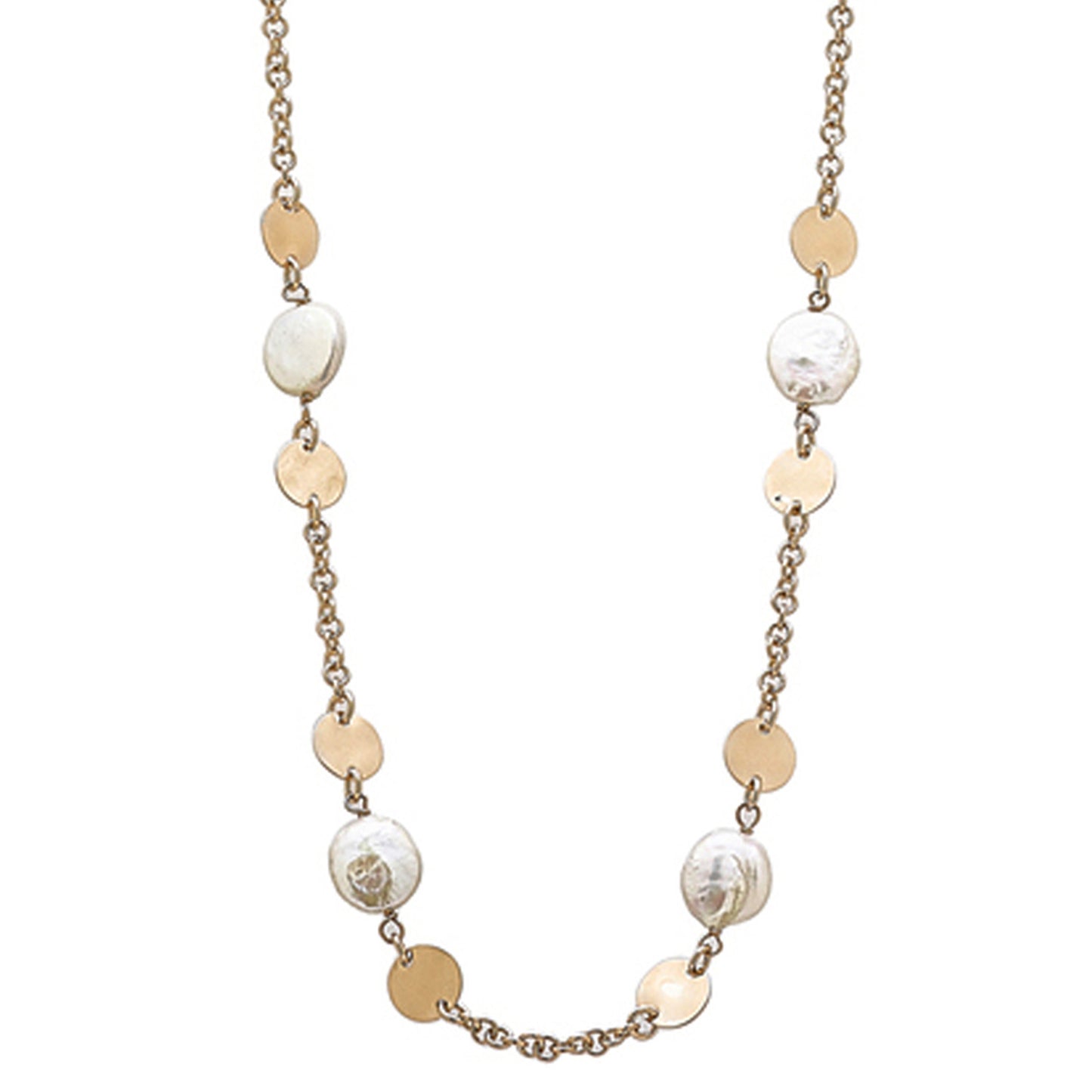 18kt Gold Plated 40" With Stationed Coin Pearls & Polished Discs Necklace