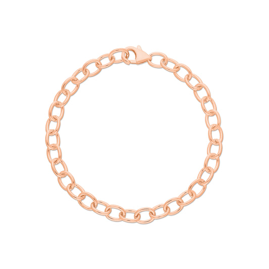 Simple rose gold chain bracelet featuring smooth, oval links, secured with a lobster clasp for easy fastening.