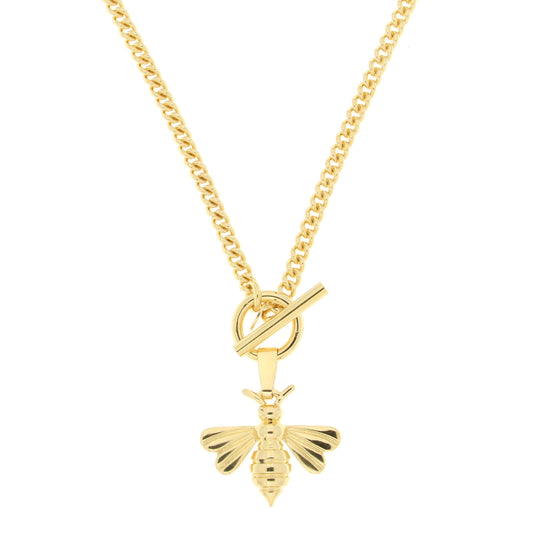 Stylish gold necklace with an intricately designed bee pendant, featuring a classic link chain and a toggle clasp for a chic look.