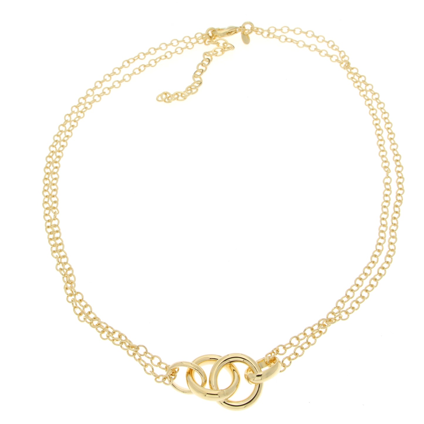 Delicate gold necklace with multiple thin chains and three interlocking rings at the center for a modern look.