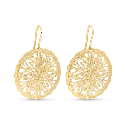 A pair of elegant gold-tone earrings featuring intricate cut-out designs. Each earring consists of a large circular pendant with a floral pattern that creates a delicate and airy appearance. The pendants are suspended from slender hooks, adding to the overall light and sophisticated look. The design combines modern elegance with a touch of artistic flair, making them ideal for both casual and formal occasions.