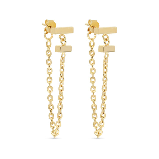 A pair of stylish gold-tone drop earrings featuring a modern design. Each earring has a simple rectangular stud at the top, leading to a delicate chain adorned with two horizontal bars. The chain adds a touch of elegance and movement, while the geometric shapes create a contemporary look.