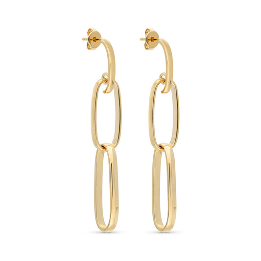 A stylish pair of gold-tone earrings featuring a contemporary design. The earrings consist of elongated oval links that are interconnected, creating a cascading effect. They hang from a secure hoop closure, adding a modern touch to any outfit.