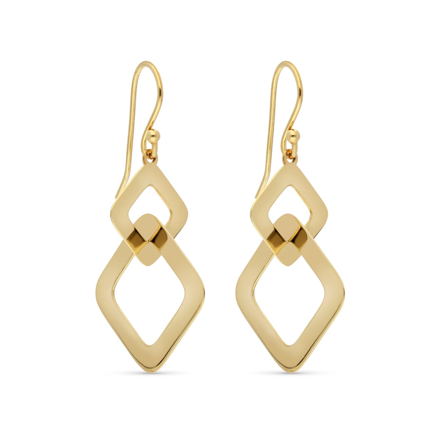 Stylish gold-tone earrings featuring a modern geometric design. The earrings consist of two interlocking diamond shapes, with a polished finish that adds a touch of elegance. The larger diamond shape has an open center, while a smaller diamond is positioned at the intersection, creating a layered effect.