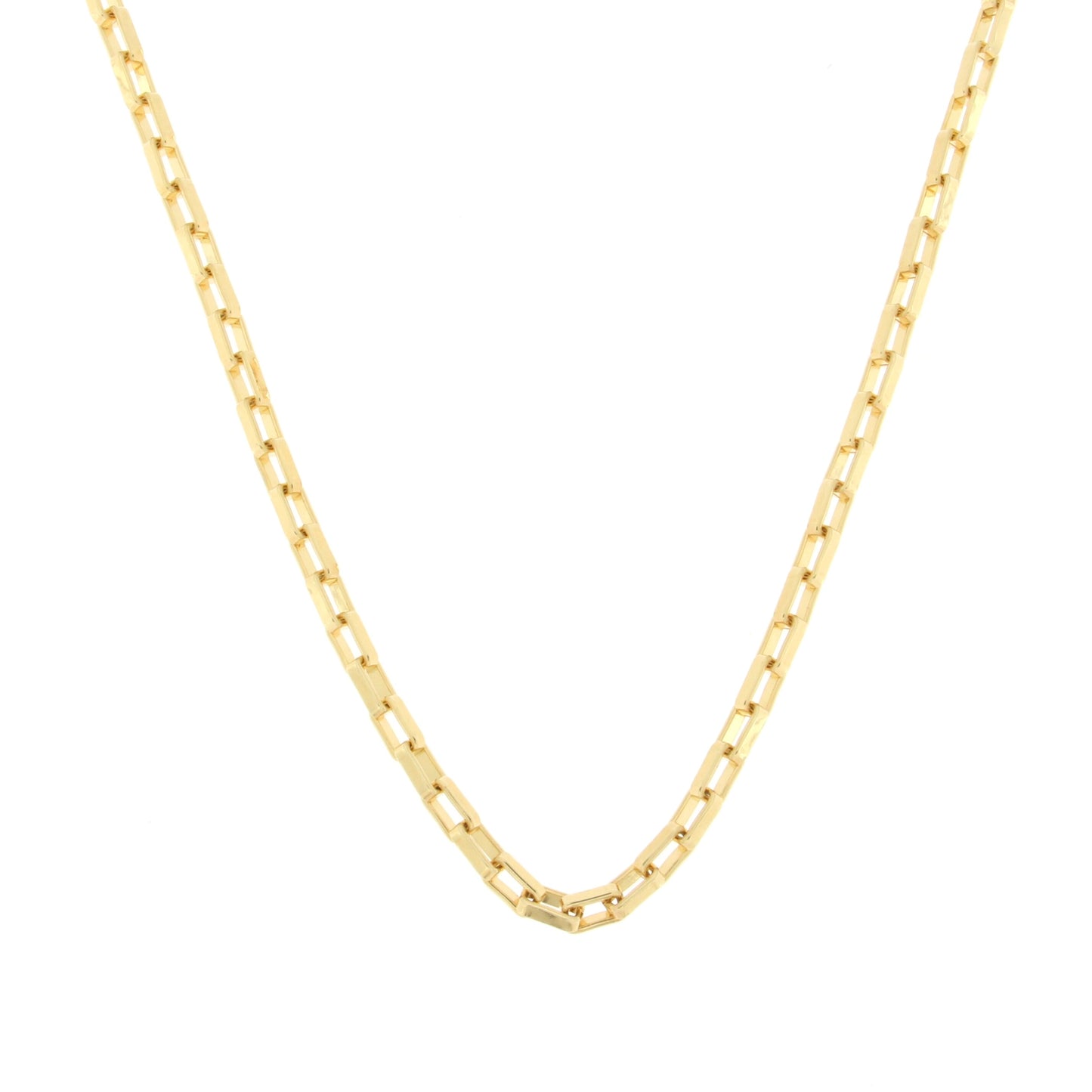 Elegant gold necklace featuring elongated rectangular links for a modern and sophisticated look, perfect for various occasions.