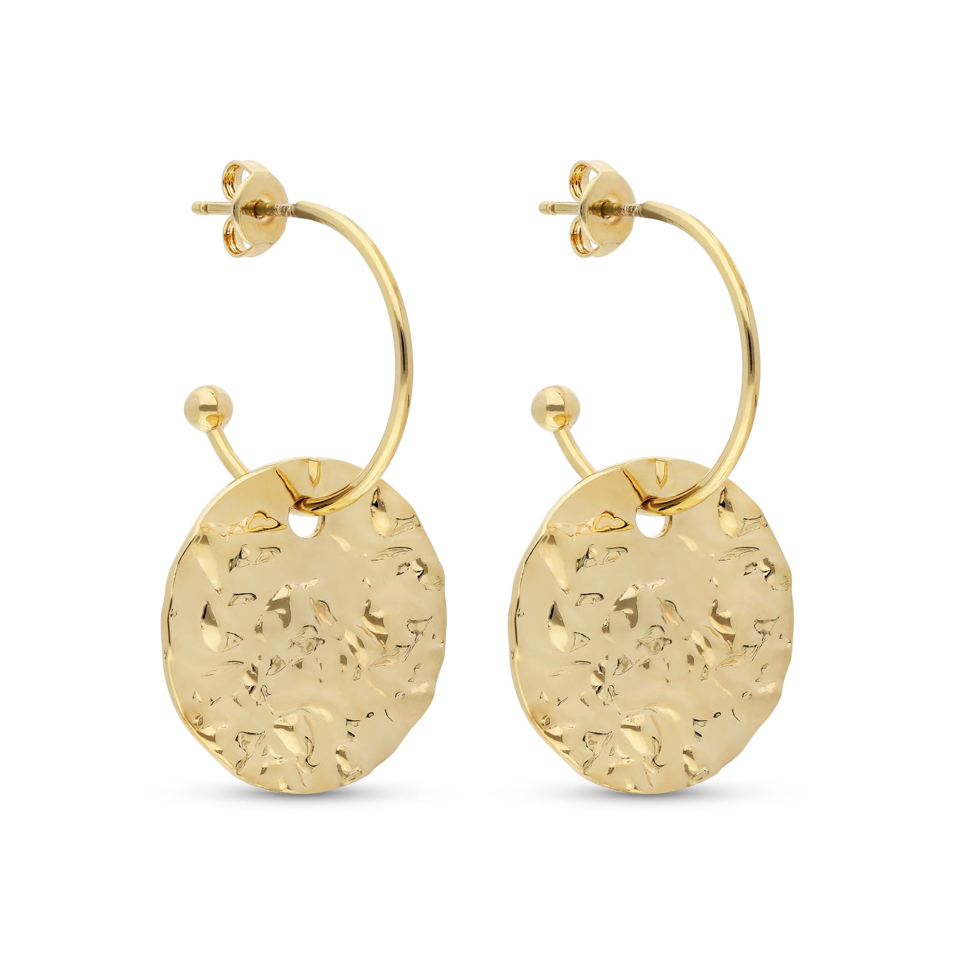 Chic gold-tone earrings featuring a hammered disc design that dangles from a sleek hoop. The earrings combine a contemporary style with an elegant touch, showcasing a unique texture on the disc. Secured with a stud backing, they are perfect for adding a modern flair to any outfit.