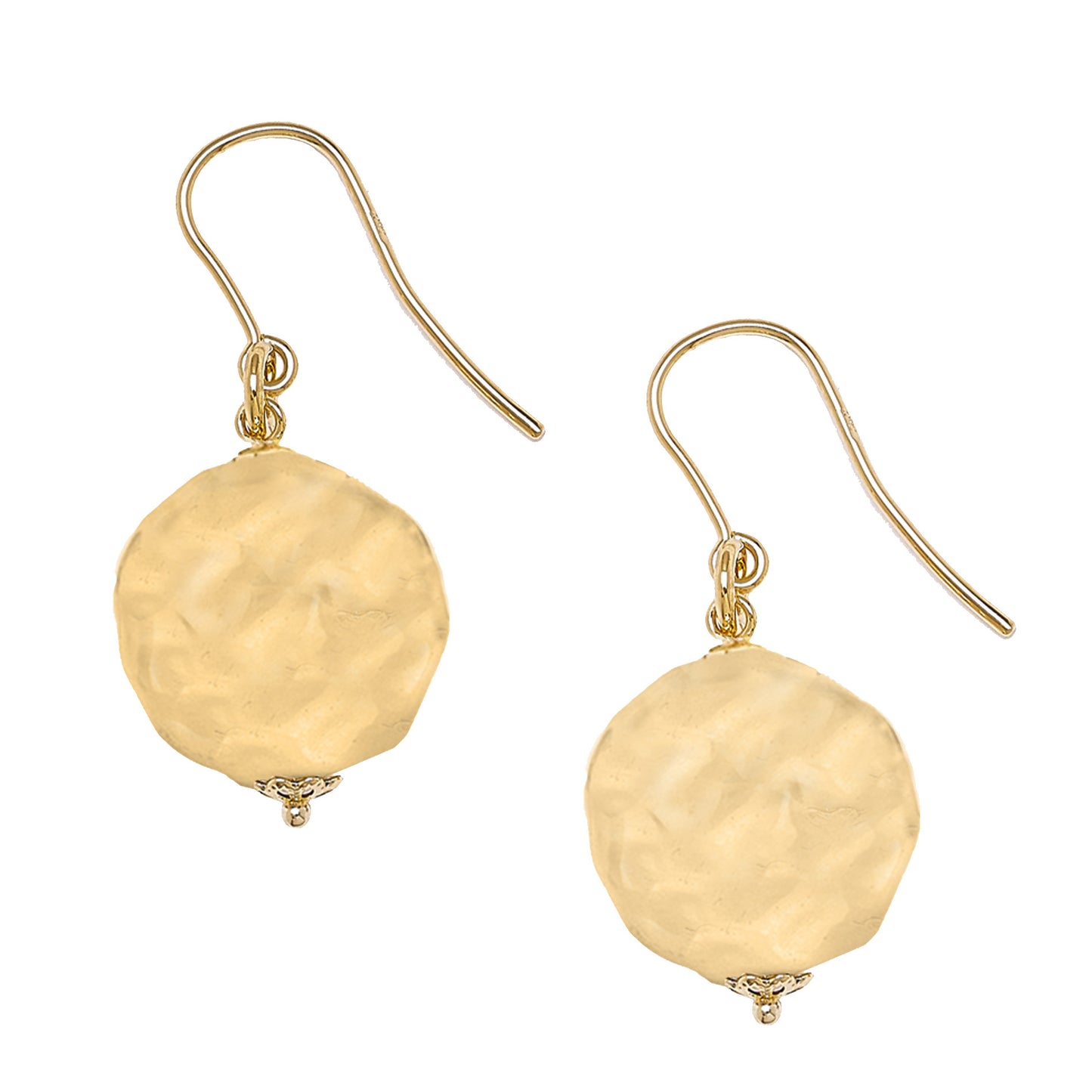 A pair of stylish gold-tone earrings featuring round, textured beads with a hammered finish. The beads are suspended from delicate gold hooks, allowing them to dangle elegantly. Each bead has a unique, slightly irregular shape that adds a contemporary touch to the classic design. The warm gold tones reflect light beautifully, making these earrings a perfect accessory for both casual and formal outfits. The combination of texture and shape creates a modern aesthetic that enhances the overall elegance of the 