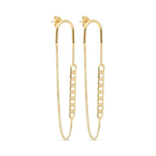 A pair of elegant gold-tone drop earrings featuring a contemporary design. Each earring has a U-shaped top, leading to a delicate chain that ends in a segment of bold, linked chain detail. The combination of smooth and textured elements creates a modern aesthetic. These earrings are perfect for adding a stylish touch to both casual and formal outfits, showcasing a blend of sophistication and trendiness.