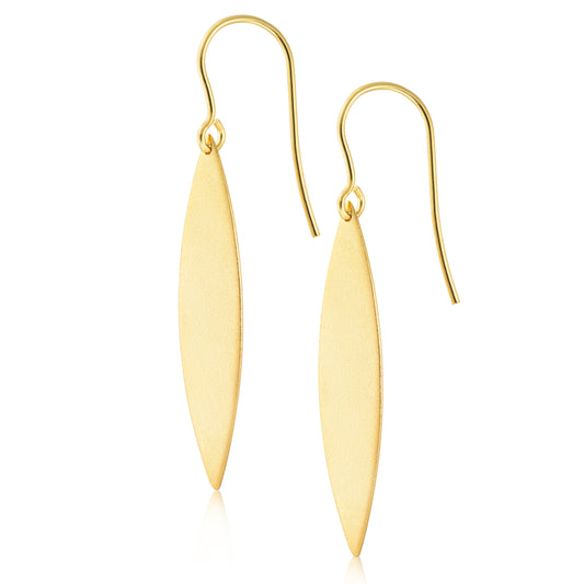 Elegant gold-tone earrings with a sleek, elongated leaf shape. The earrings feature a brushed matte finish, providing a sophisticated texture that contrasts with their smooth edges. They hang from delicate fishhook clasps, perfect for adding a touch of modern elegance to any outfit.