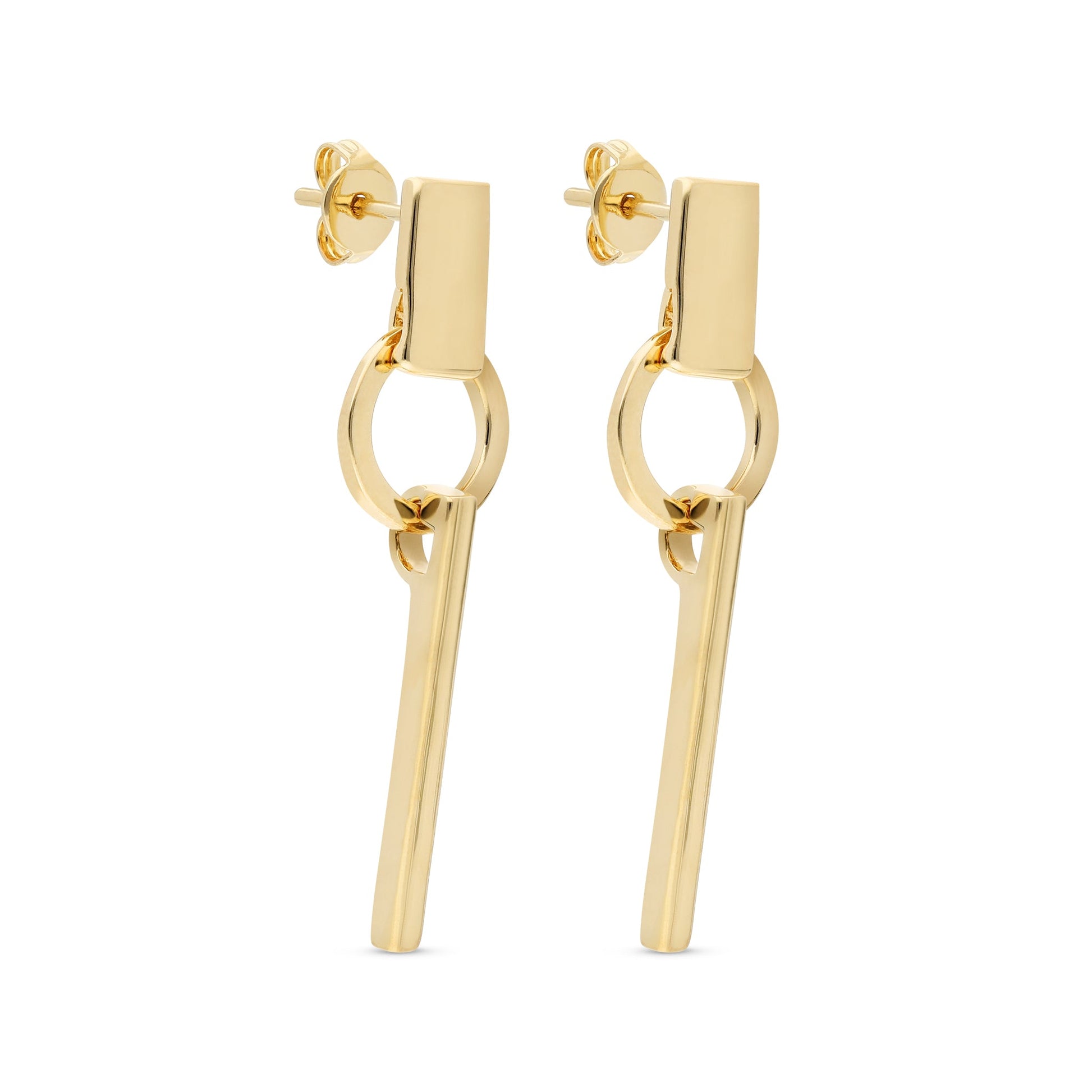 A pair of chic gold-tone earrings featuring a modern design. Each earring consists of a rectangular stud that leads to a circular link, from which a sleek, elongated bar dangles. The combination of geometric shapes creates a contemporary look, making these earrings perfect for adding a touch of elegance to any outfit.