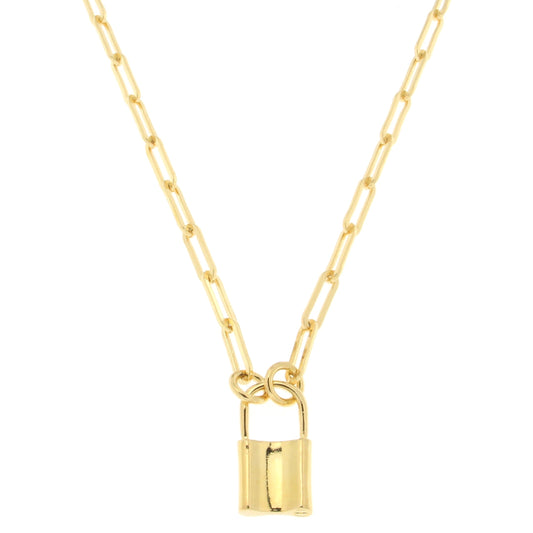 Gold necklace with an elongated chain design featuring a central padlock pendant, combining modern style with elegance, suitable for various occasions.