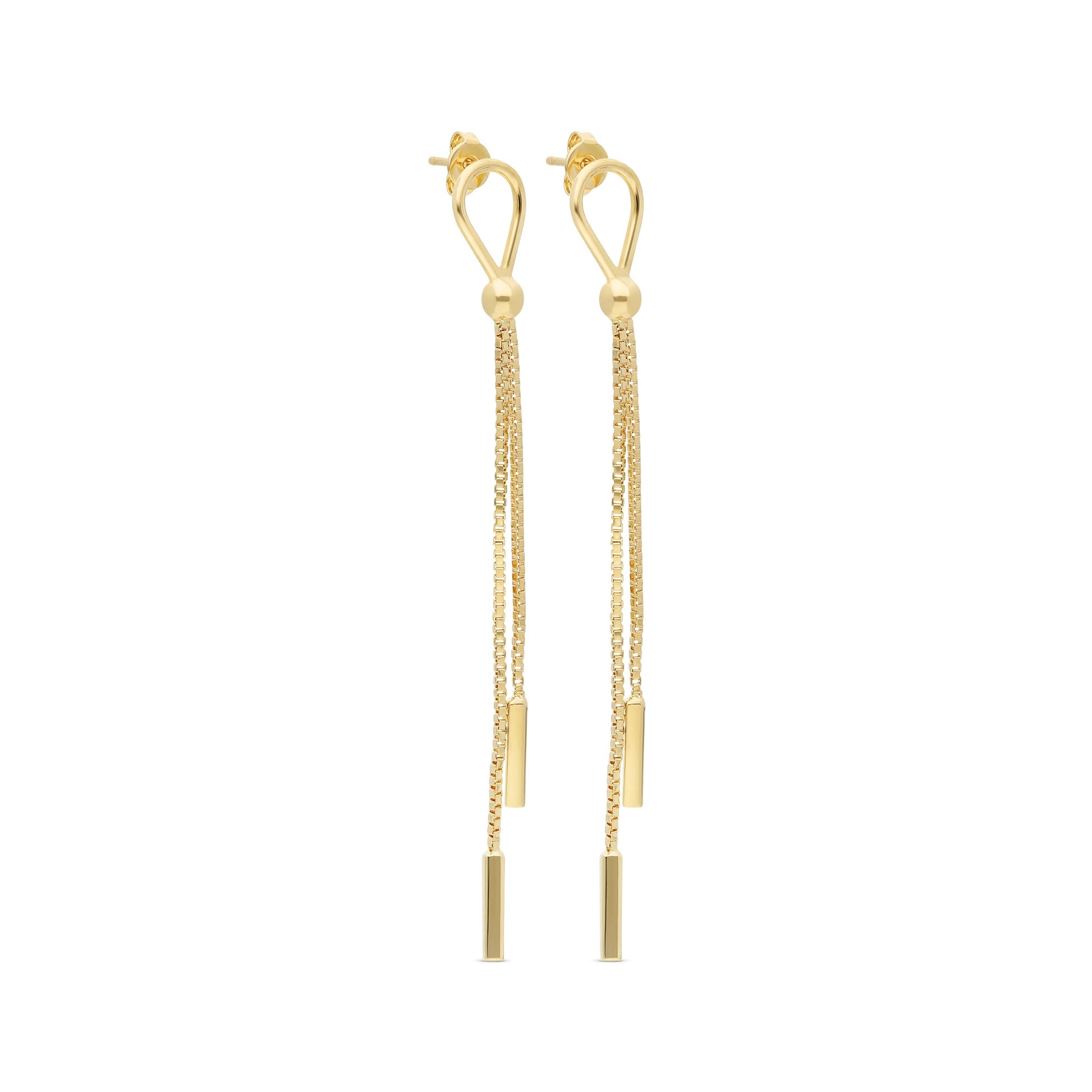 A pair of elegant gold-tone drop earrings featuring a contemporary design. Each earring showcases a delicate, looping top that leads into two shimmering chains. At the end of each chain, there are sleek, rectangular pendants that add a modern touch.