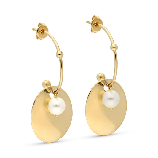 Stylish gold-tone earrings featuring a round hoop design adorned with a shiny, circular disc and a single lustrous white pearl. The earrings combine a modern aesthetic with classic elegance, secured with a stud backing for comfortable wear. Ideal for both casual and formal occasions.