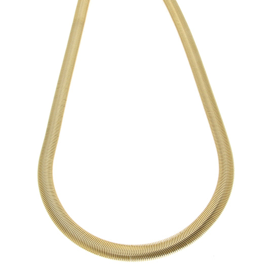 Elegant gold snake chain necklace featuring a sleek, flexible design and a shiny finish, perfect for layering or wearing alone.