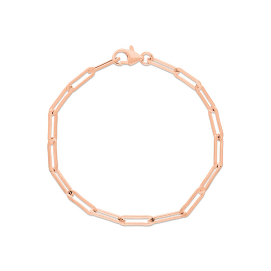 A chic rose gold bracelet featuring elongated paperclip-style links interspersed with round beads, complete with a secure lobster clasp.