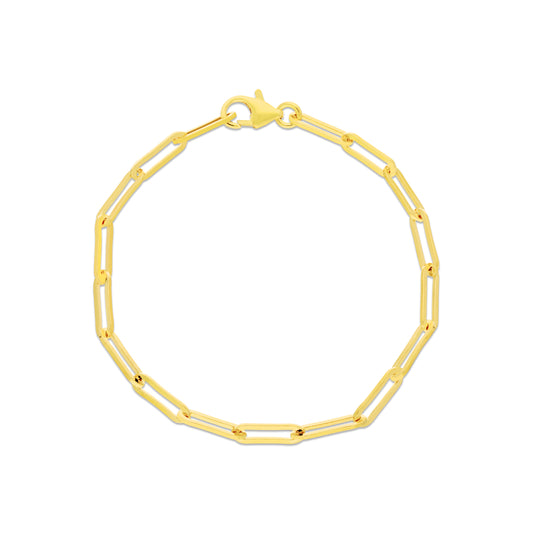 A stylish gold bracelet featuring elongated paperclip-style links interspersed with round beads, complete with a secure lobster clasp.