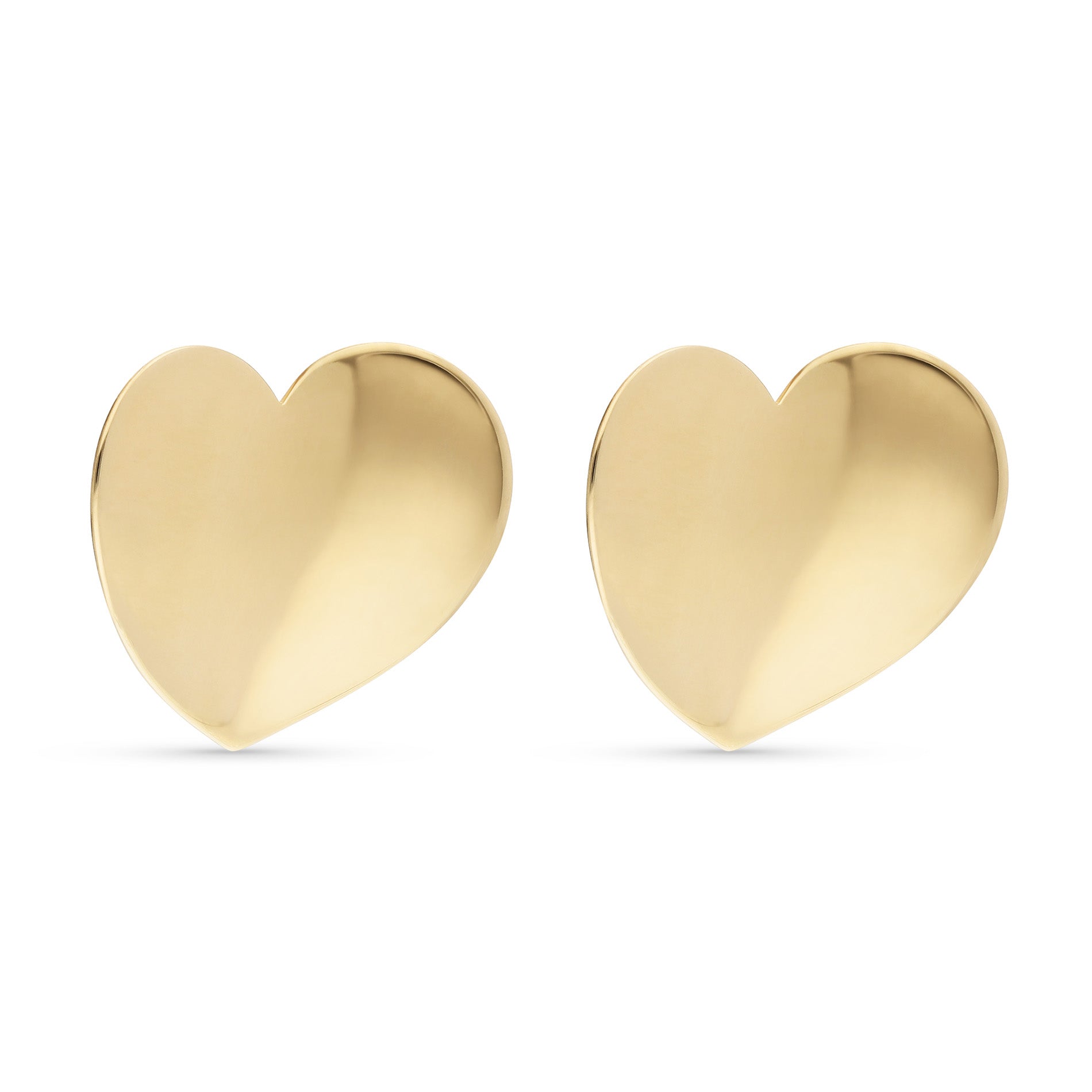 A pair of gold-tone earrings shaped like hearts, featuring a smooth and polished surface that reflects light. Each earring is designed with a romantic and playful aesthetic, perfect for adding a touch of love to any outfit. The heart shape is bold and contemporary, making these earrings a stylish accessory for both casual and formal occasions. They are secured with a post-back closure, ensuring a comfortable fit.