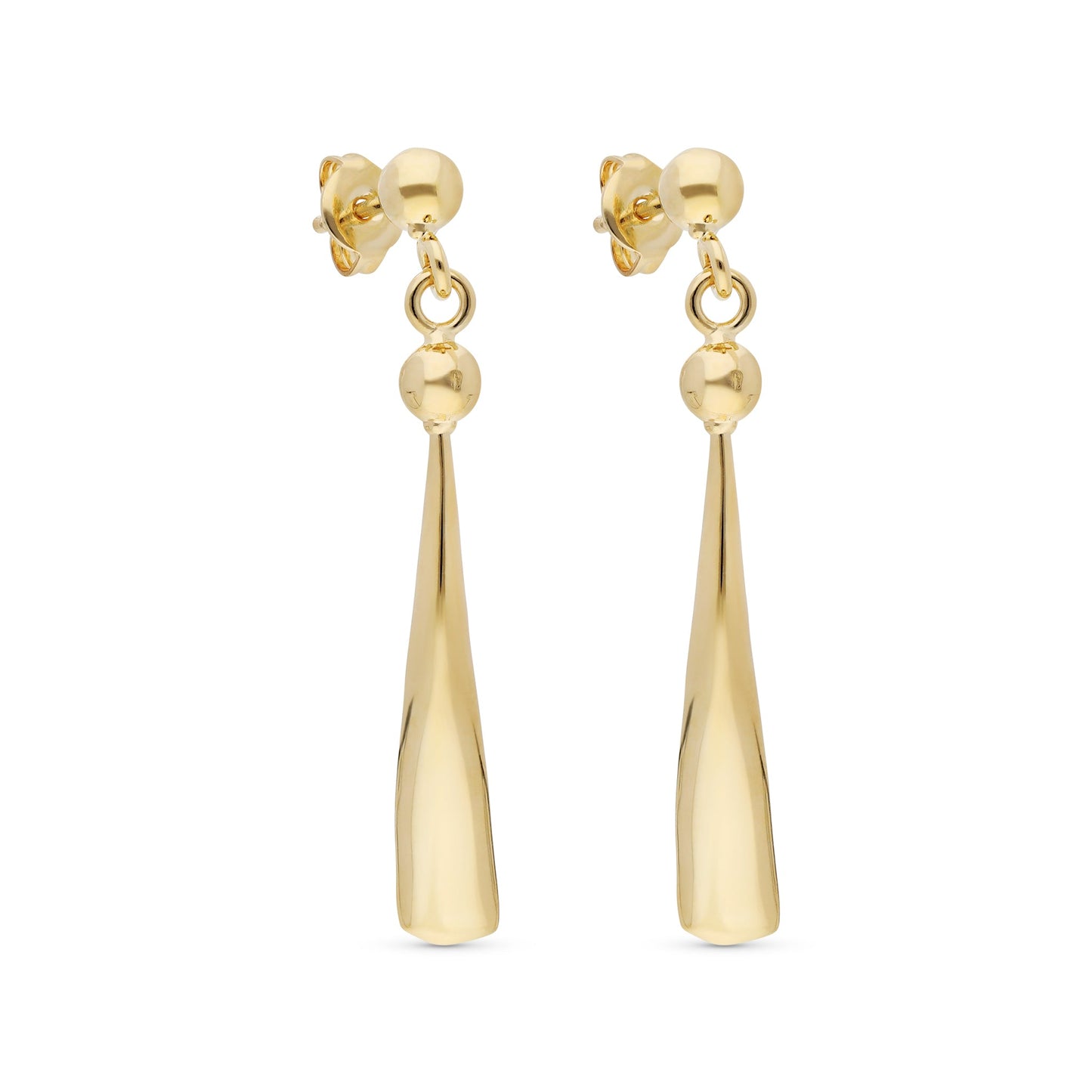 Elegant gold-tone earrings featuring a sleek and modern design. Each earring consists of a smooth, elongated teardrop shape that tapers to a point, creating a sophisticated silhouette. At the top, a small round bead adds a touch of contrast, enhancing the overall elegance.