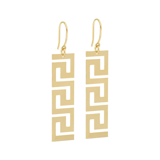 A pair of long, gold-tone dangle earrings featuring a geometric design. Each earring is composed of rectangular metal plates with a cut-out pattern forming a repeated Greek key motif. The earrings hang from thin, elongated hooks, allowing them to sway gently with movement, adding a touch of elegance and modernity to any outfit.