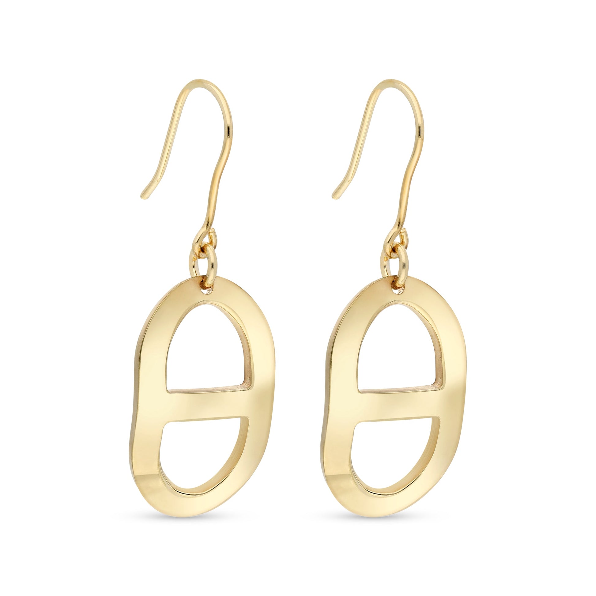 Stylish gold-tone earrings featuring an open oval design with a horizontal cutout. The earrings hang from a classic fishhook wire, allowing them to sway gently with movement. Their minimalist yet eye-catching appearance makes them a perfect accessory for casual outings or elegant events.