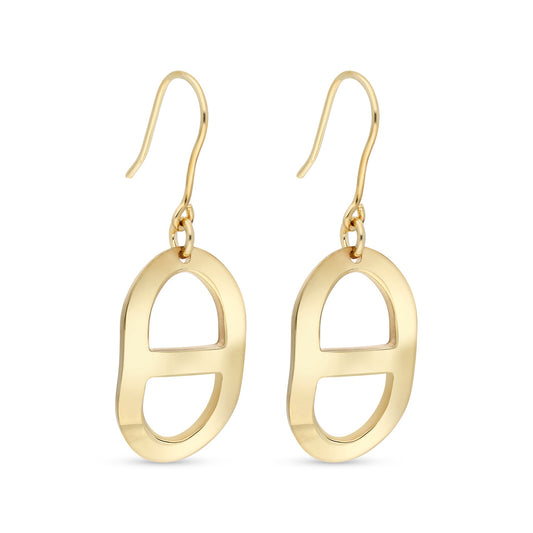 Stylish gold-tone earrings featuring an open oval design with a horizontal cutout. The earrings hang from a classic fishhook wire, allowing them to sway gently with movement. Their minimalist yet eye-catching appearance makes them a perfect accessory for casual outings or elegant events.