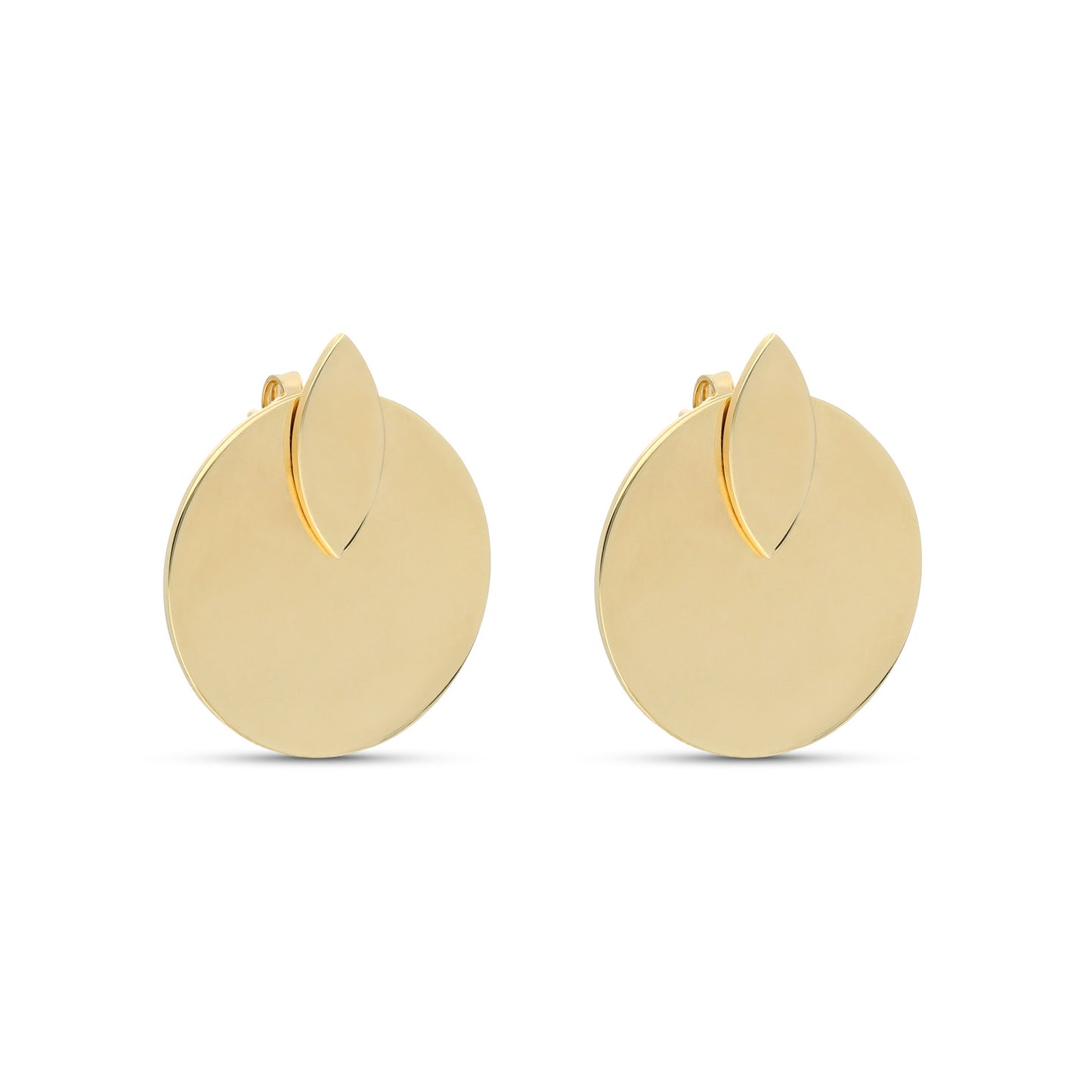 A pair of stylish gold-tone earrings featuring a modern design. Each earring consists of a large circular disc with a smaller leaf-like element elegantly positioned on top. The polished surface of the earrings reflects light beautifully, giving them a sophisticated and contemporary look.