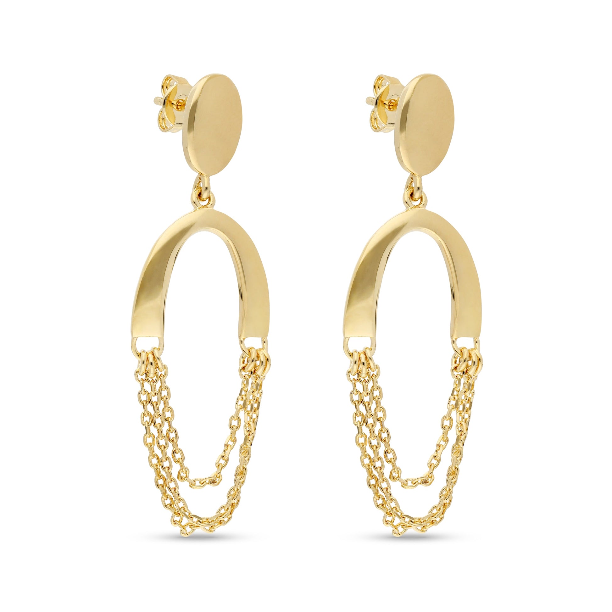 A pair of stylish gold-tone drop earrings featuring an oval design. The earrings consist of a round stud at the top, leading to a smooth, elongated oval hoop that hangs down. Attached to the bottom of the hoop are multiple delicate gold chains, adding movement and elegance to the design.