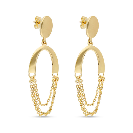 A pair of stylish gold-tone drop earrings featuring an oval design. The earrings consist of a round stud at the top, leading to a smooth, elongated oval hoop that hangs down. Attached to the bottom of the hoop are multiple delicate gold chains, adding movement and elegance to the design.