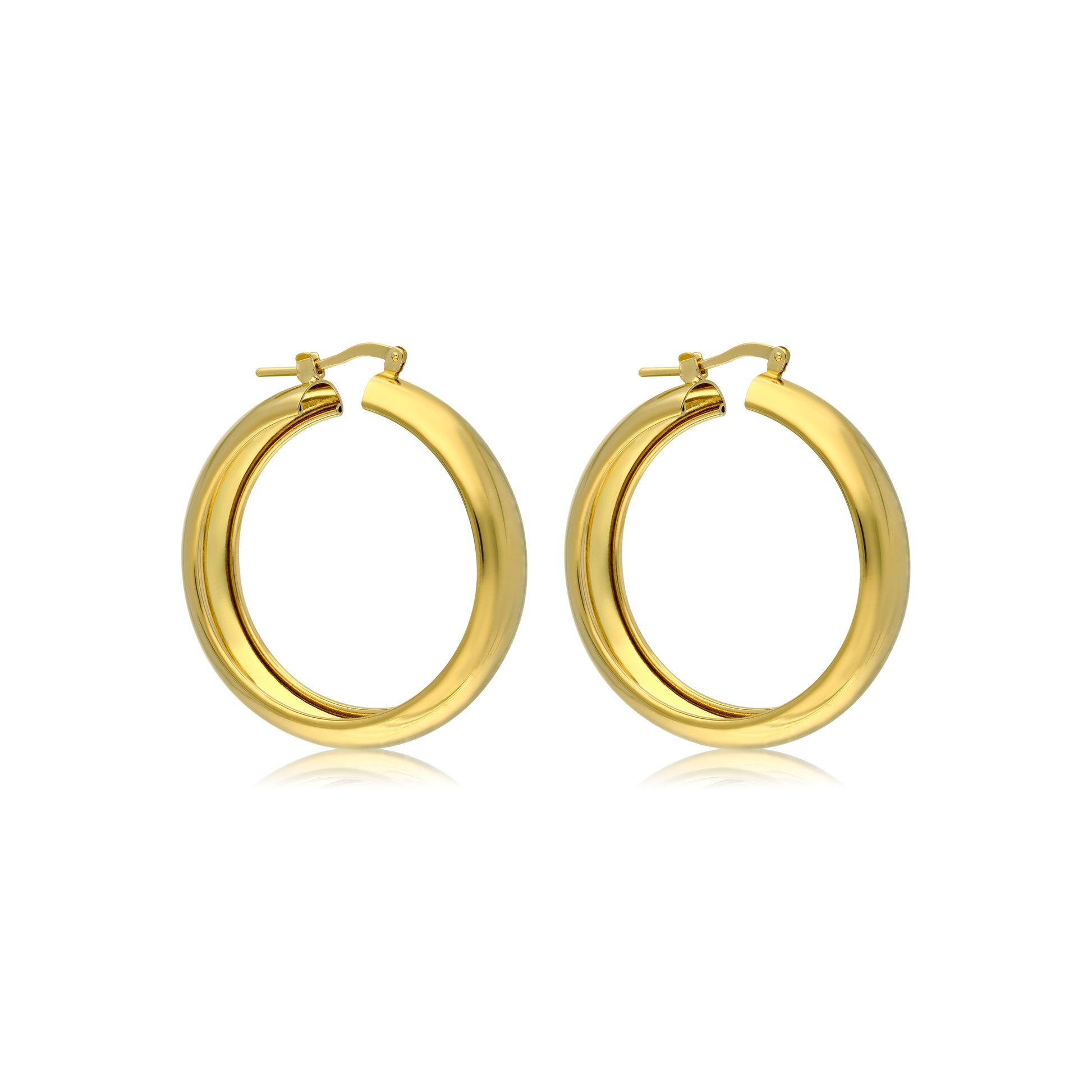 A pair of gold-tone hoop earrings featuring a sleek and polished design. The hoops have a slightly rounded shape, giving them a modern and stylish appearance. Each earring is fastened with a secure clasp, allowing for easy wear. The shiny surface reflects light beautifully, adding a touch of elegance. These versatile earrings are suitable for both casual and formal occasions, making them a perfect accessory for any outfit.