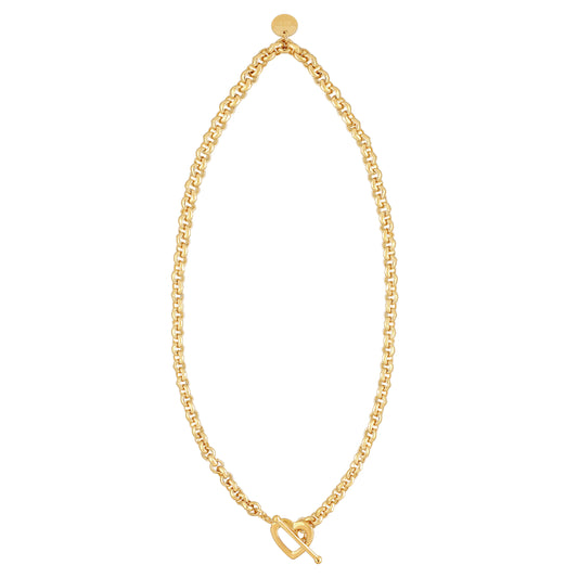 Elegant gold necklace featuring a classic chain link design with a twist pattern and a decorative toggle clasp.