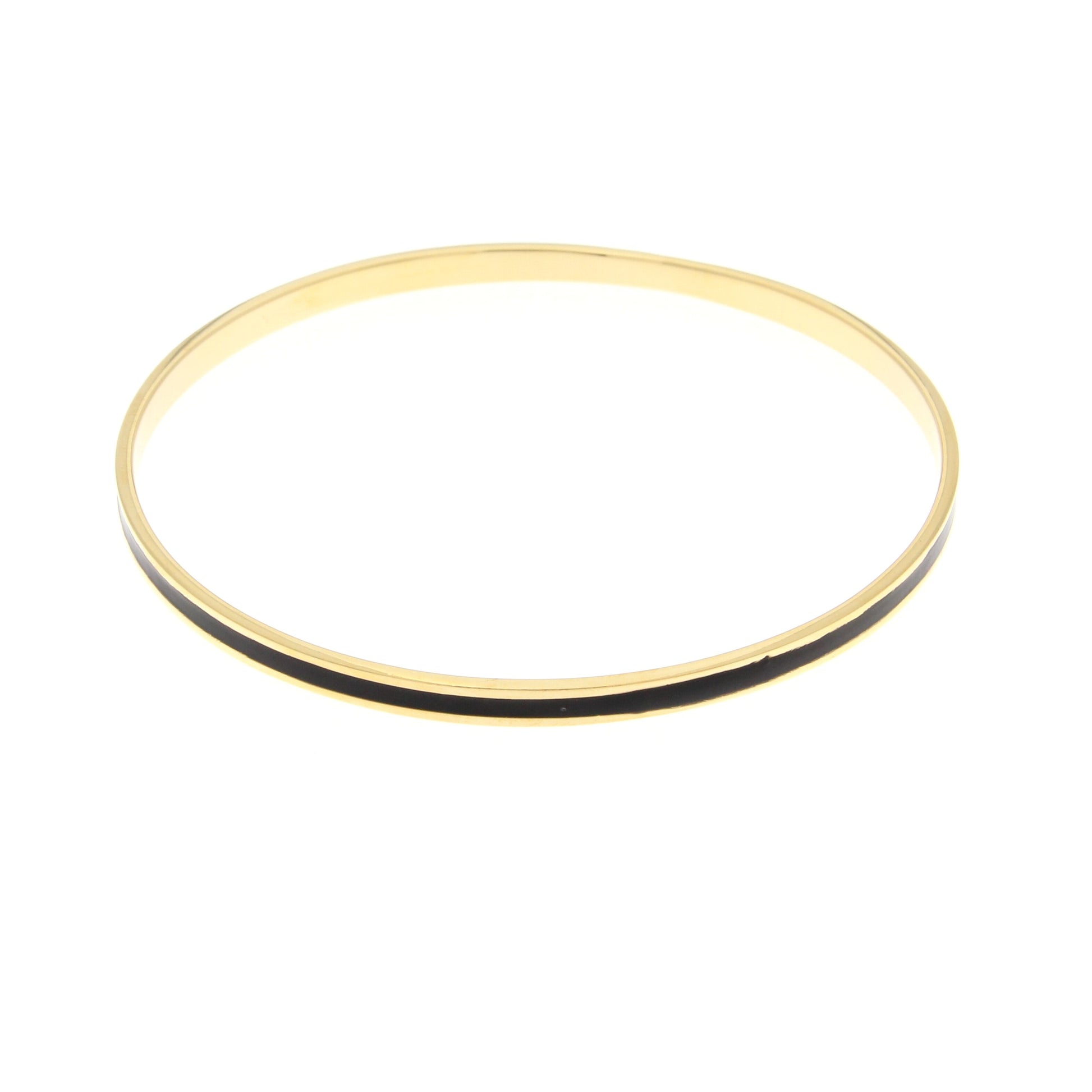 A sleek gold bangle featuring a thin black stripe running along its outer edge, showcasing a modern and minimalist design.