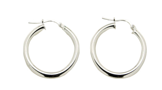 Sleek and shiny silver-tone hoop earrings featuring a classic design. These medium-sized hoops have a polished finish, making them a versatile accessory for both casual and formal attire.