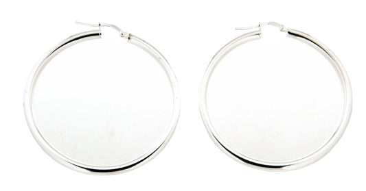 Elegant silver-tone hoop earrings featuring a sleek, smooth design. The hoops are medium-sized and showcase a polished finish that adds a touch of sophistication.