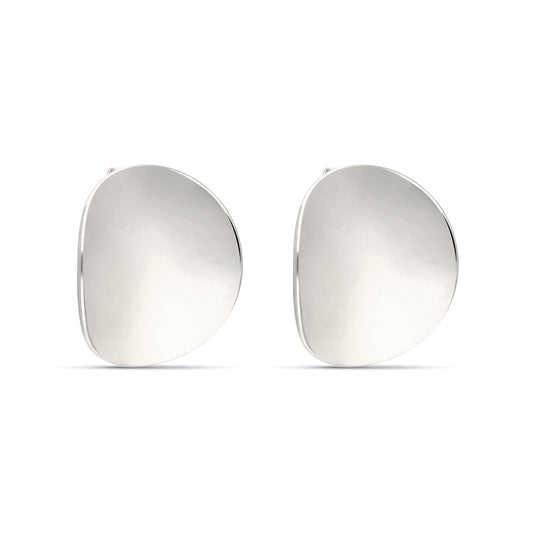 A pair of polished silver stud earrings featuring a smooth, organic shape reminiscent of a pebble or stone. The earrings have a shiny finish that reflects light, giving them an elegant and modern appearance. The back of the earrings shows the post mechanism for securing them in place, making them suitable for everyday wear or special occasions.