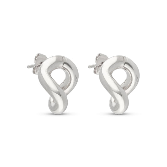 A pair of silver stud earrings designed in a twisted shape. The earrings feature a polished finish, showcasing a smooth and contemporary aesthetic. 