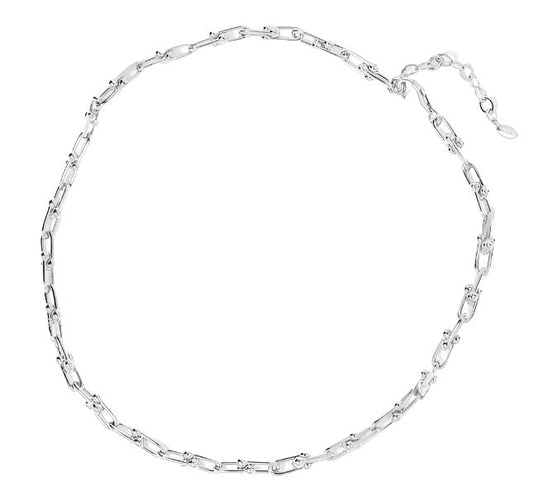 Elegant silver necklace with a delicate chain made of elongated rectangular links, featuring an adjustable clasp for a customizable fit, perfect for layering or wearing alone.