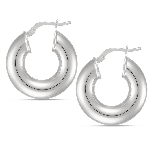 Elegant silver-tone hoop earrings featuring a modern, chunky design. The earrings have a bold circular shape with a polished finish and a subtle groove detail around the center. 