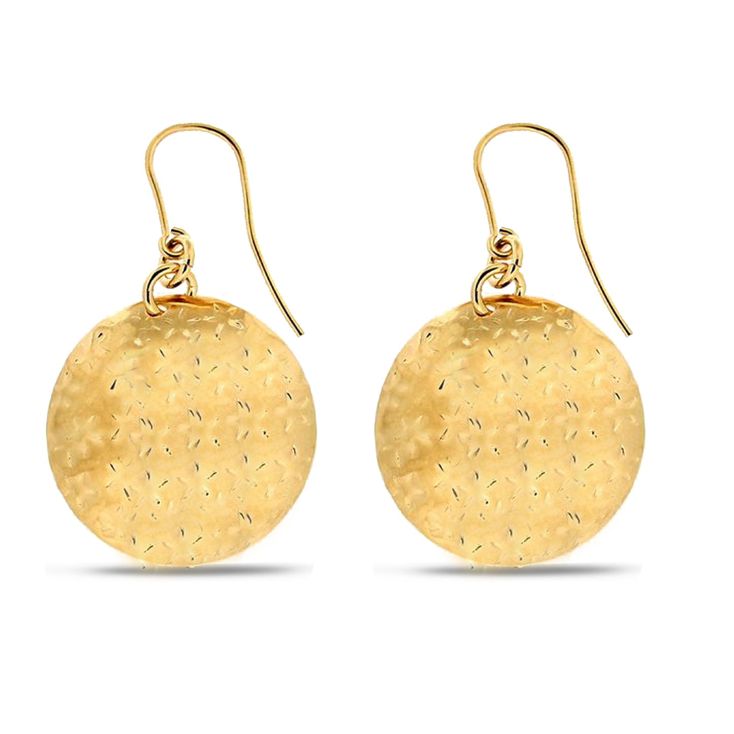 A pair of gold-tone earrings featuring round, hammered discs. The earrings hang from a delicate wire hook, allowing them to dangle elegantly. The surface of the discs is textured with a hammered finish, creating a shimmering effect that catches the light beautifully.