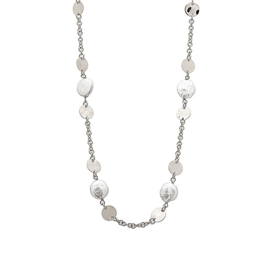 Chic necklace featuring silver-toned circular discs and white pearls, perfect for adding elegance to any outfit.