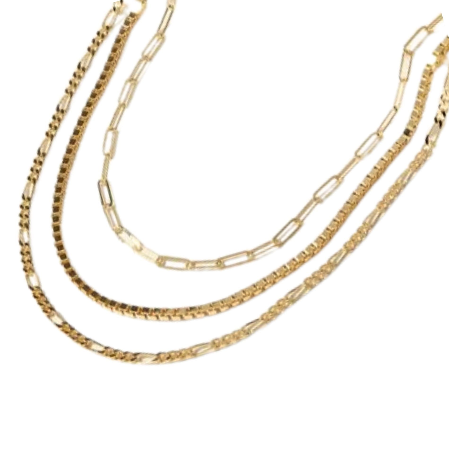 Layered gold necklace with three distinct chain styles: a textured flat chain, an elongated link chain, and a delicate rope chain, creating a stylish and versatile accessory.