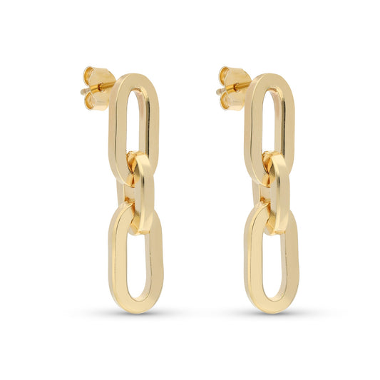 Contemporary gold-tone earrings featuring a stylish linked chain design. The earrings consist of two elongated links, one slightly larger than the other, creating a dynamic and modern look. The earrings are secured with a push-back clasp, ensuring comfort and ease of use.