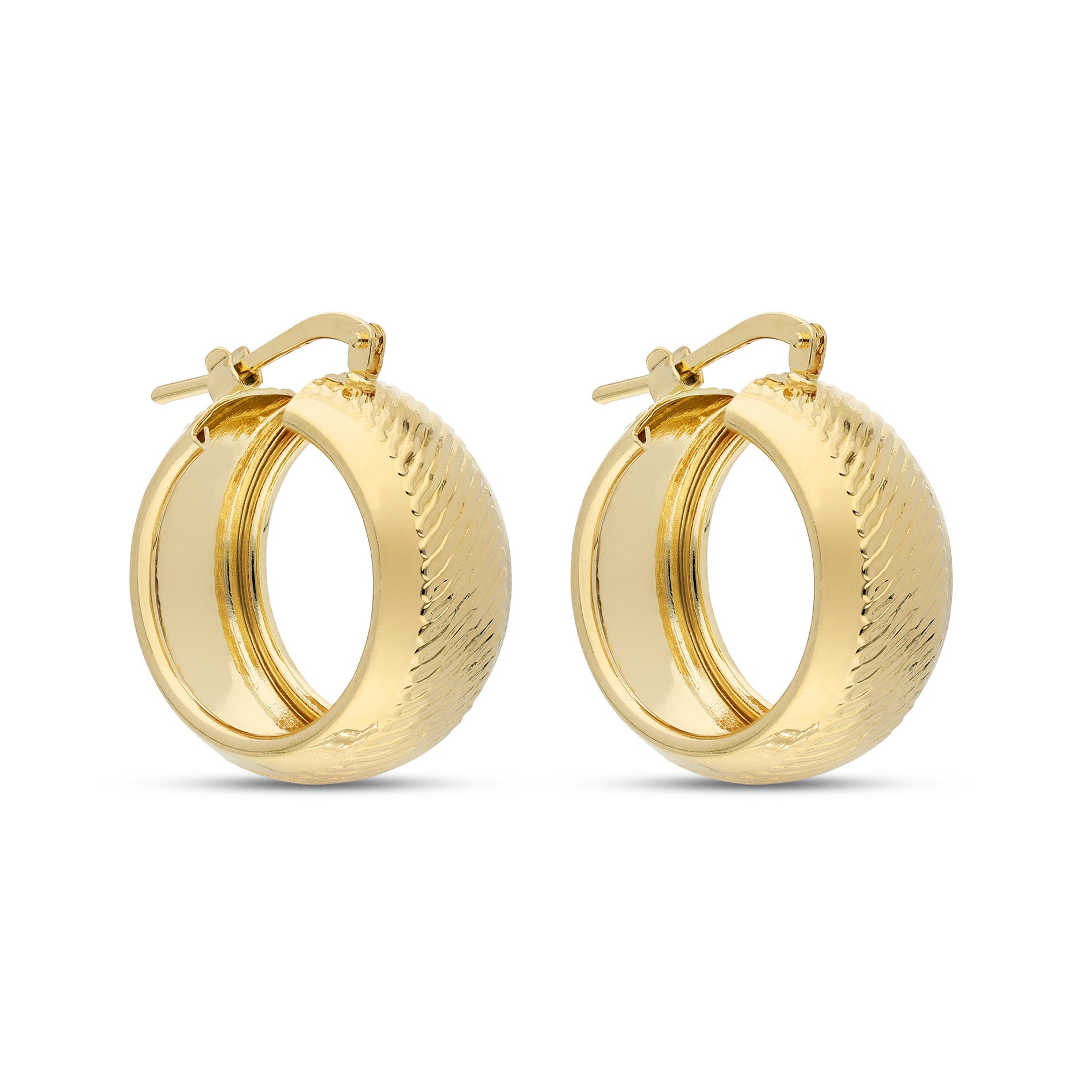 A stylish pair of gold-tone hoop earrings featuring a unique textured surface. The earrings have a rounded shape with a slightly raised design that adds dimension. The polished gold finish contrasts beautifully with the intricate patterns, creating a sophisticated and elegant look. These earrings are designed with a secure clasp for easy wear, making them an eye-catching accessory suitable for various occasions.